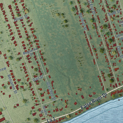 Second close-up of the map of New Roads, Louisiana print showing more streets and buildings