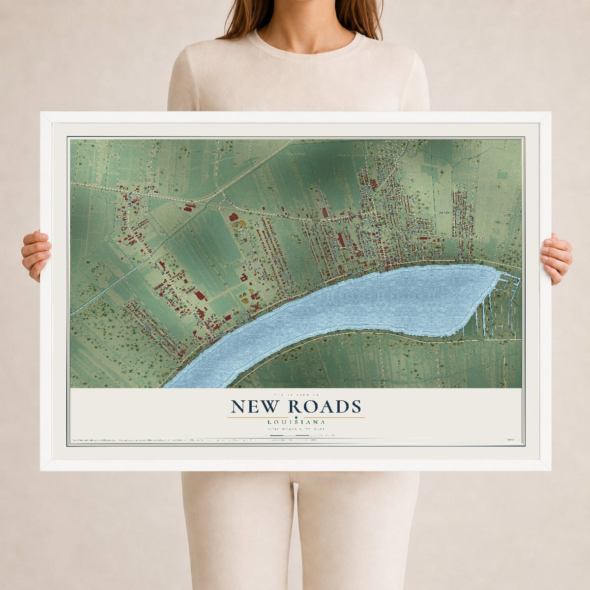 Map of New Roads, Louisiana, 24 x 36 inch print in a white wood frame