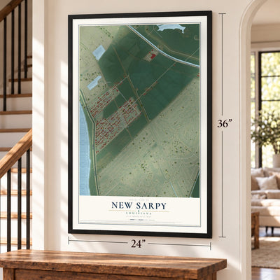 New Sarpy, Louisiana map, 24 x 36 inch print in a black frame by a staircase