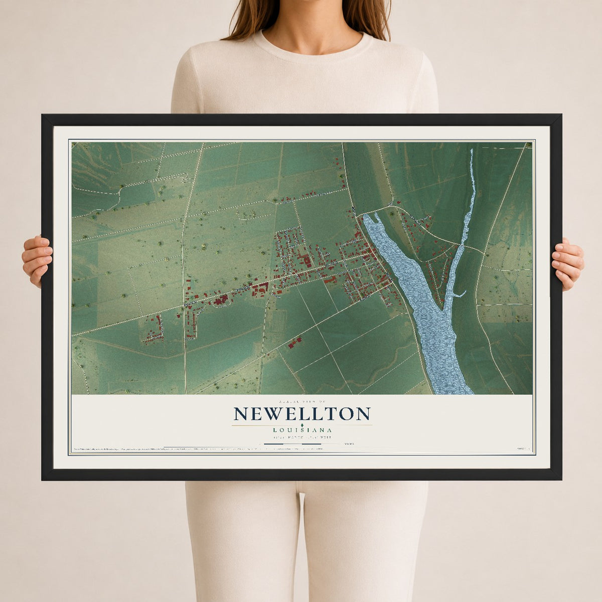 Map of Newellton, Louisiana, 24 x 36 inch print in a black wood frame