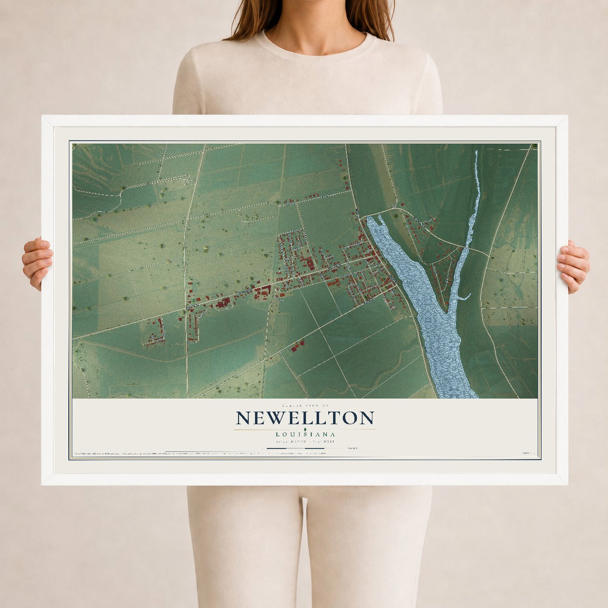Map of Newellton, Louisiana, 24 x 36 inch print in a white wood frame