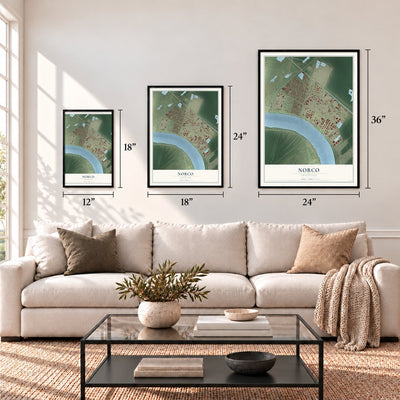 Norco, Louisiana map in 12 x 18, 18 x 24 and 24 x 36 inch sizes above a sofa