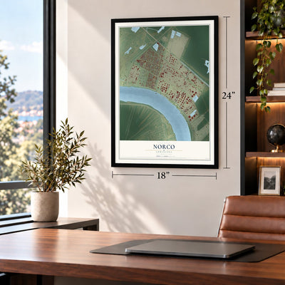 Norco, Louisiana map, 18 x 24 inch print in a black frame in a home office