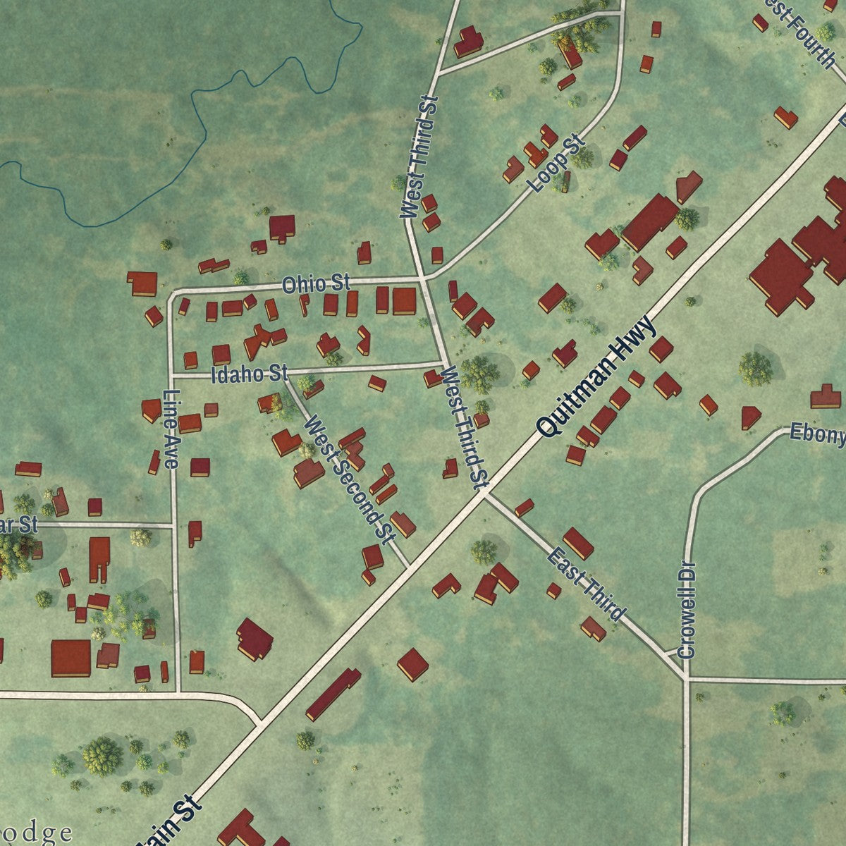 Close-up of the map of North Hodge, Louisiana print showing street and building detail