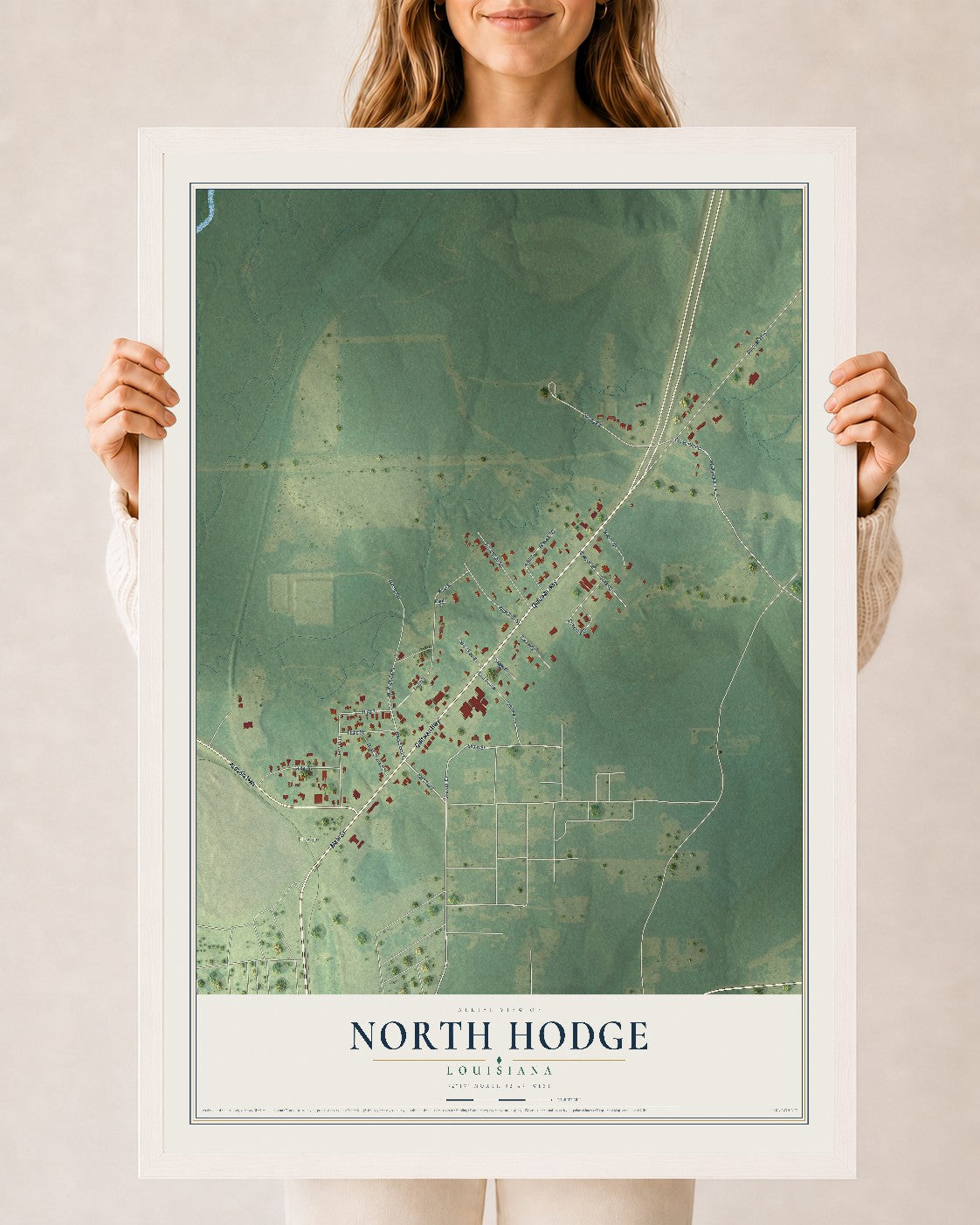 Map of North Hodge, Louisiana, 24 x 36 inch print in a white wood frame