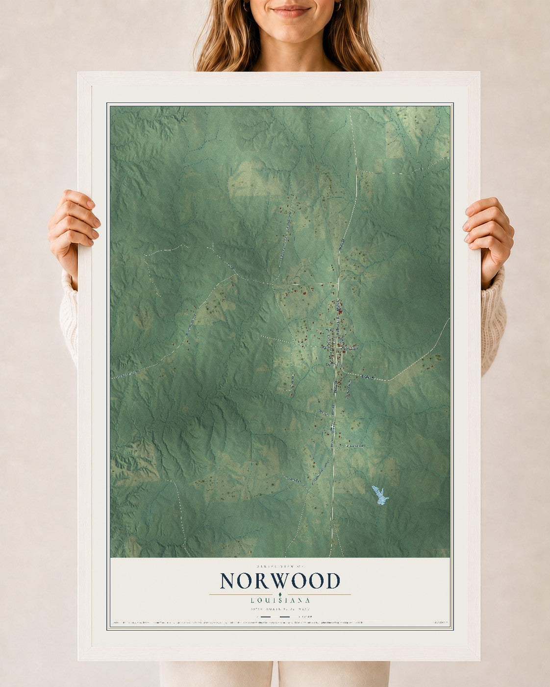Map of Norwood, Louisiana, 24 x 36 inch print in a white wood frame
