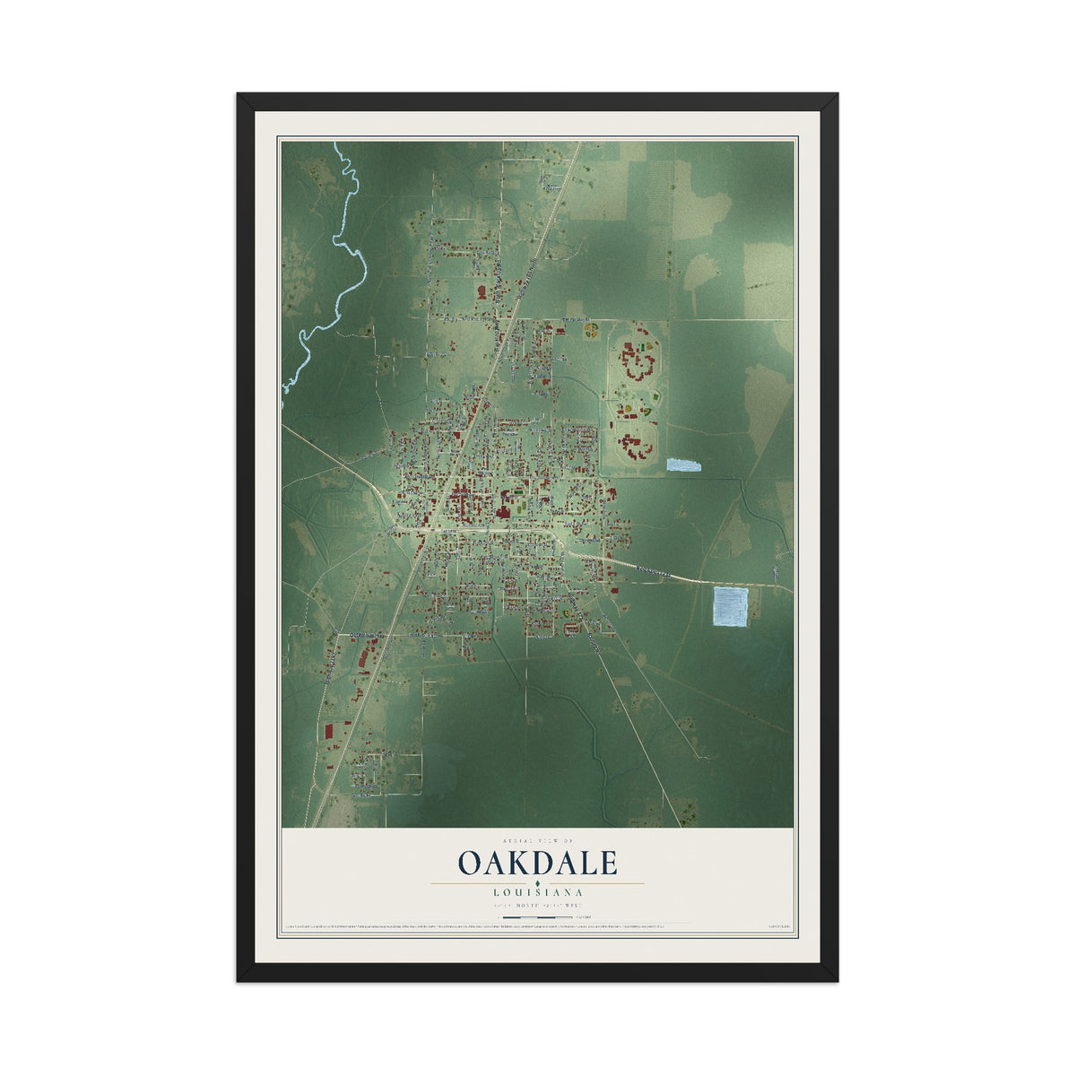 Map of Oakdale, Louisiana, 12 x 18 inch print in a black wood frame