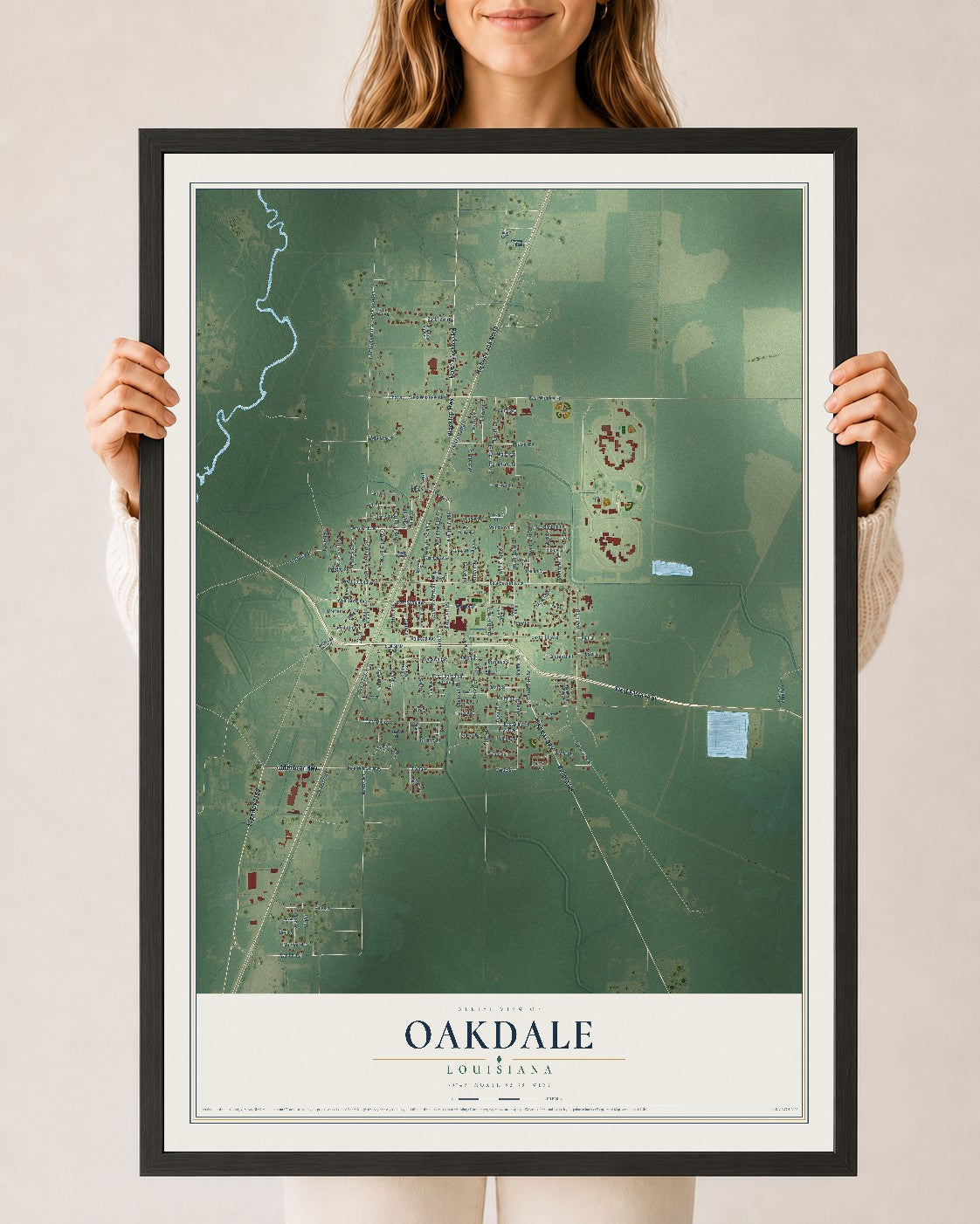 Map of Oakdale, Louisiana, 24 x 36 inch print in a black wood frame