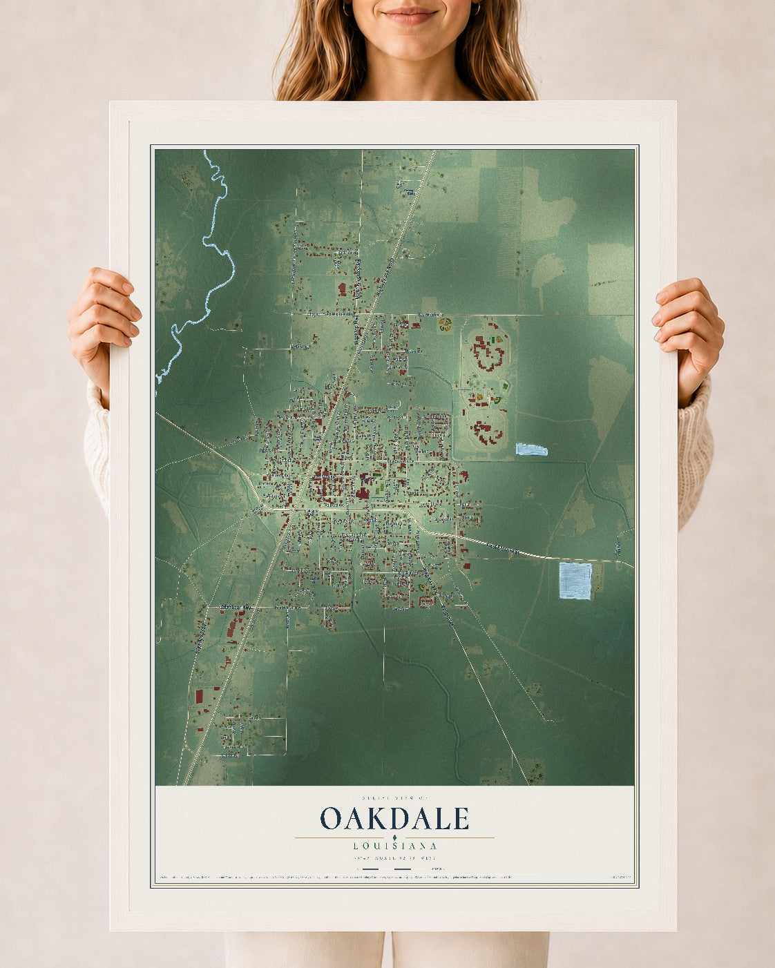 Map of Oakdale, Louisiana, 24 x 36 inch print in a white wood frame
