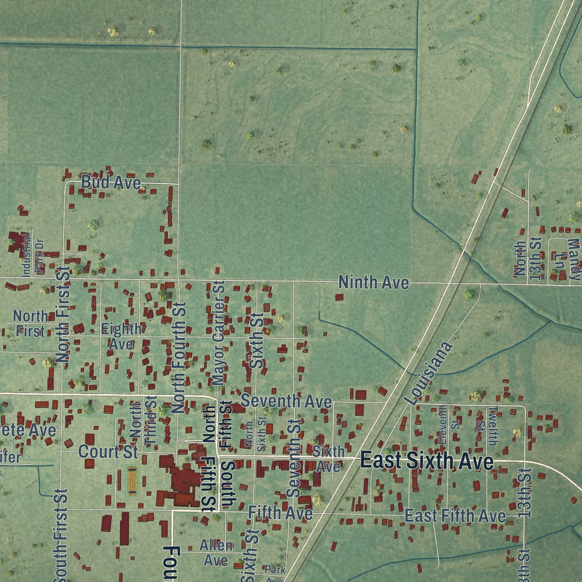 Close-up of the map of Oberlin, Louisiana print showing street and building detail