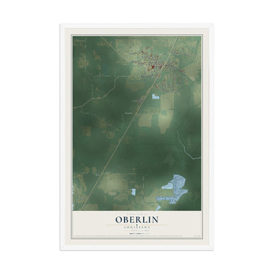 Map of Oberlin, Louisiana, 12 x 18 inch print in a white wood frame