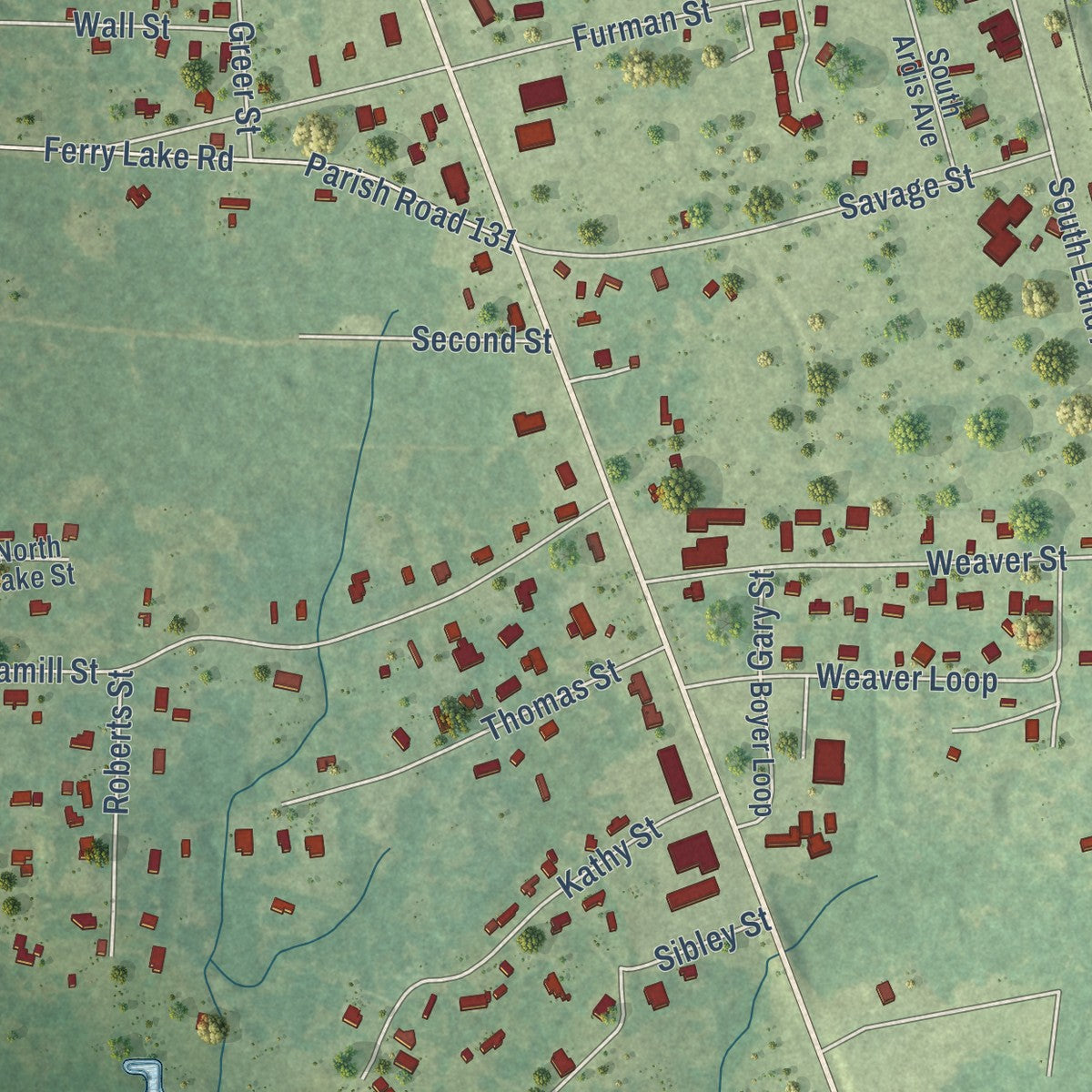 Close-up of the map of Oil City, Louisiana print showing street and building detail