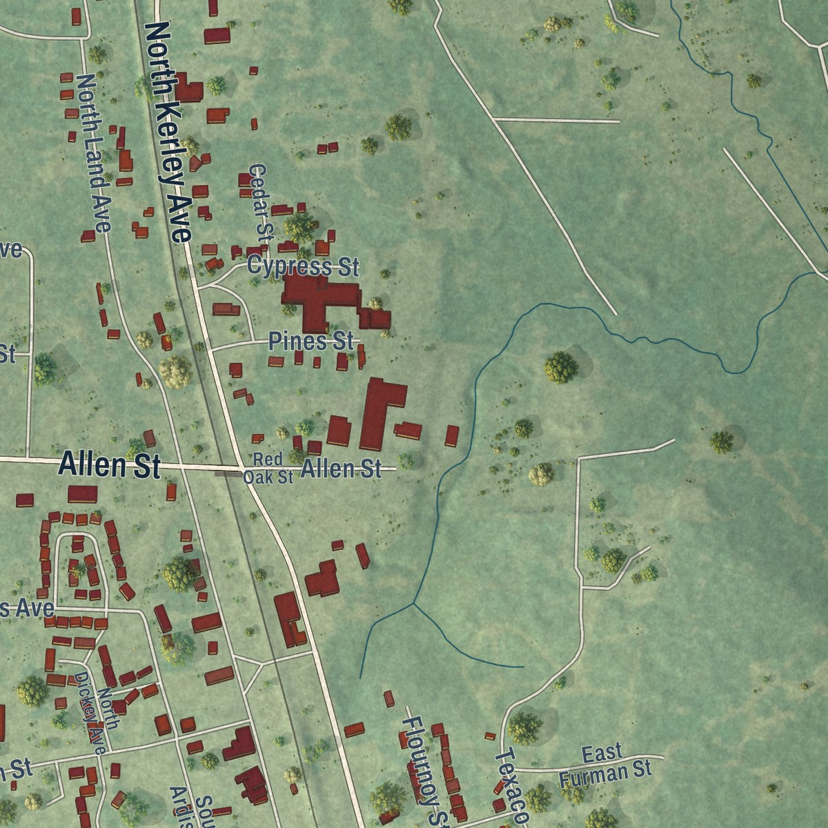 Second close-up of the map of Oil City, Louisiana print showing more streets and buildings