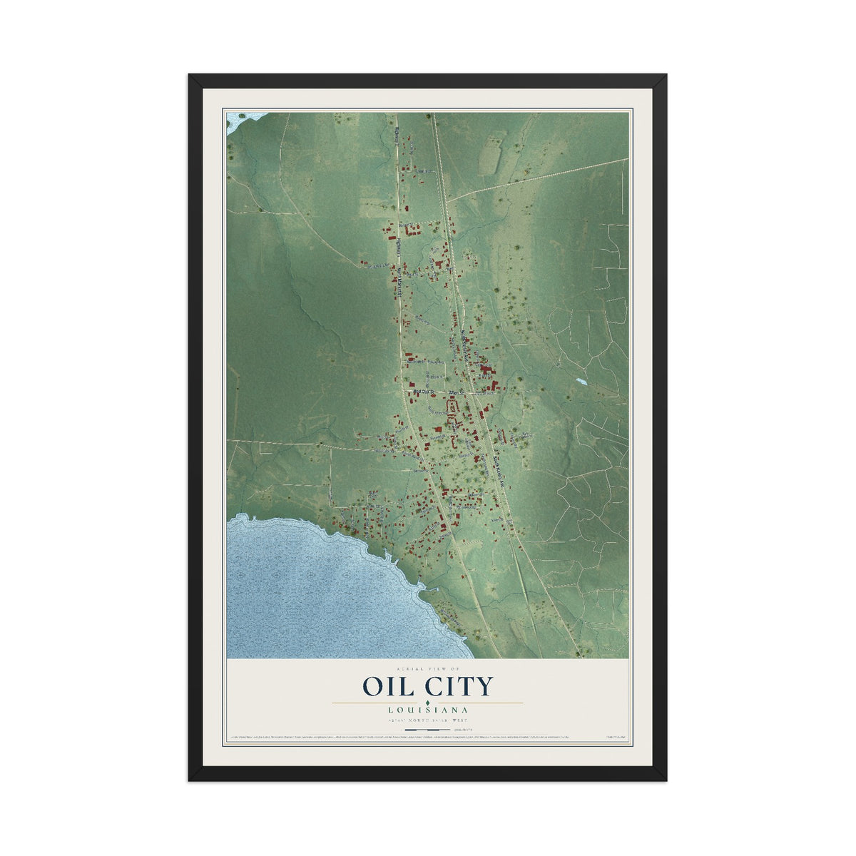Map of Oil City, Louisiana, 12 x 18 inch print in a black wood frame