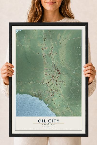 Map of Oil City, Louisiana, 18 x 24 inch print in a black wood frame