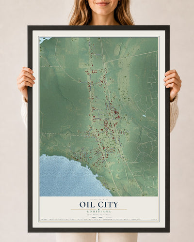 Map of Oil City, Louisiana, 24 x 36 inch print in a black wood frame