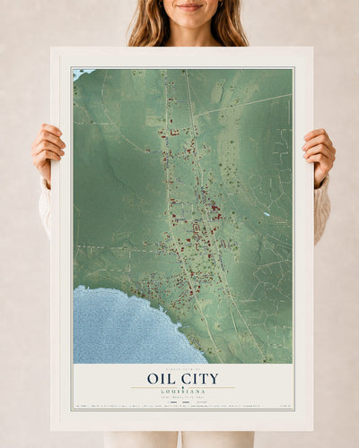 Map of Oil City, Louisiana, 24 x 36 inch print in a white wood frame