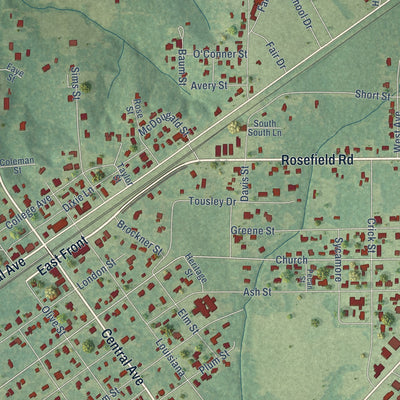 Close-up of the map of Olla, Louisiana print showing street and building detail