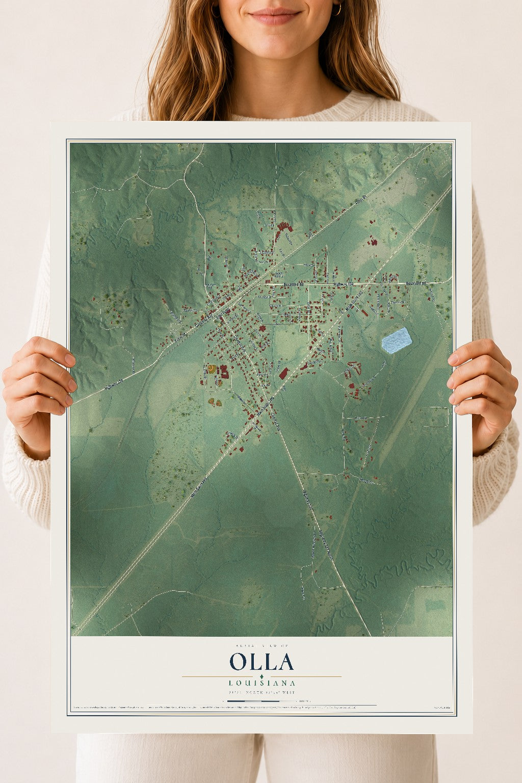 Map of Olla, Louisiana, 18 x 24 inch unframed archival matte print