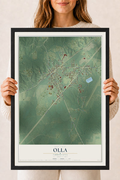 Map of Olla, Louisiana, 18 x 24 inch print in a black wood frame