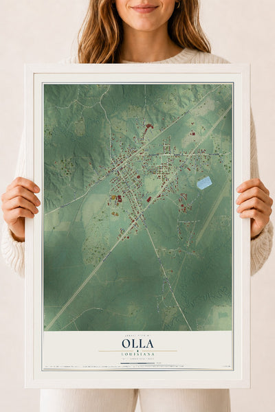 Map of Olla, Louisiana, 18 x 24 inch print in a white wood frame