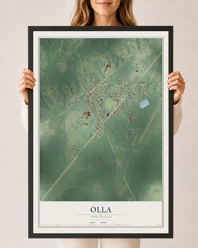 Map of Olla, Louisiana, 24 x 36 inch print in a black wood frame