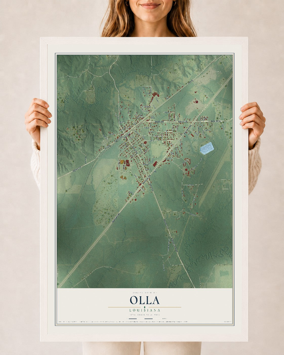 Map of Olla, Louisiana, 24 x 36 inch print in a white wood frame