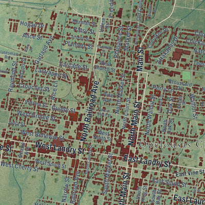 Close-up of the map of Opelousas, Louisiana print showing street and building detail