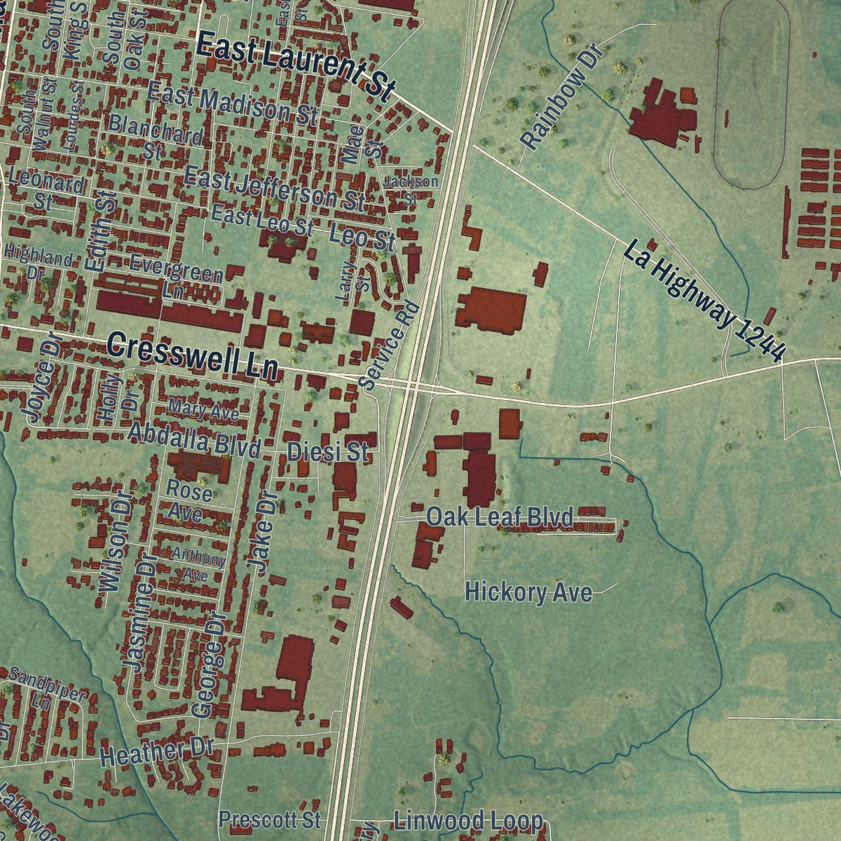 Second close-up of the map of Opelousas, Louisiana print showing more streets and buildings