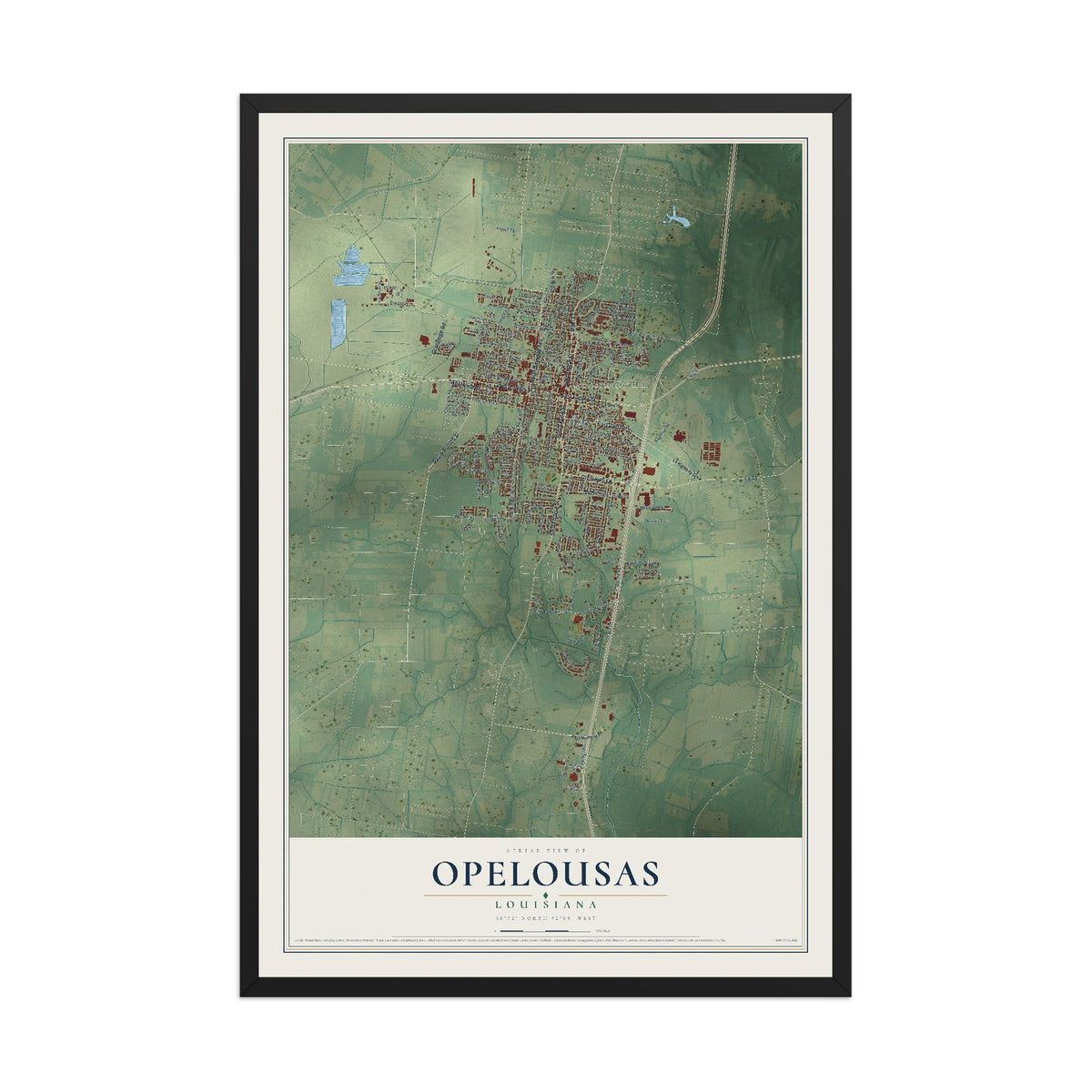 Map of Opelousas, Louisiana, 12 x 18 inch print in a black wood frame