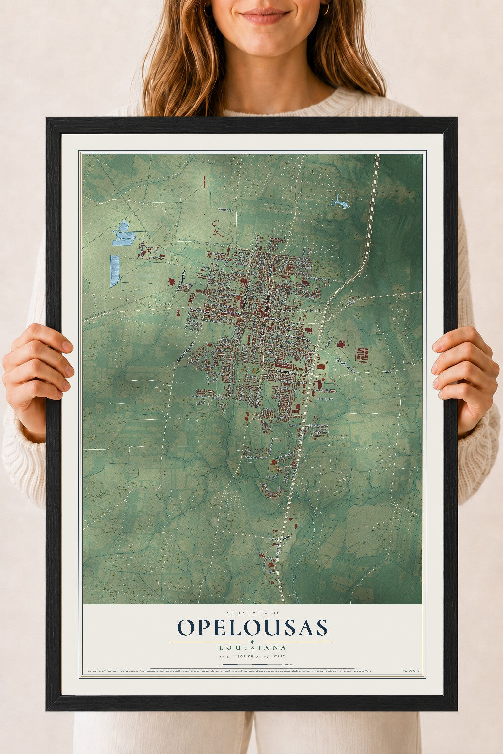 Map of Opelousas, Louisiana, 18 x 24 inch print in a black wood frame