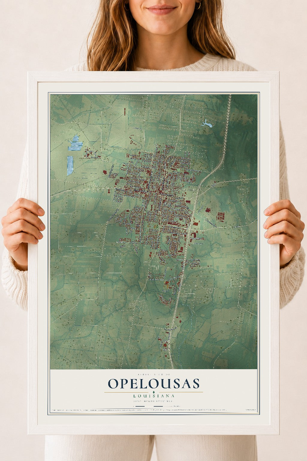 Map of Opelousas, Louisiana, 18 x 24 inch print in a white wood frame
