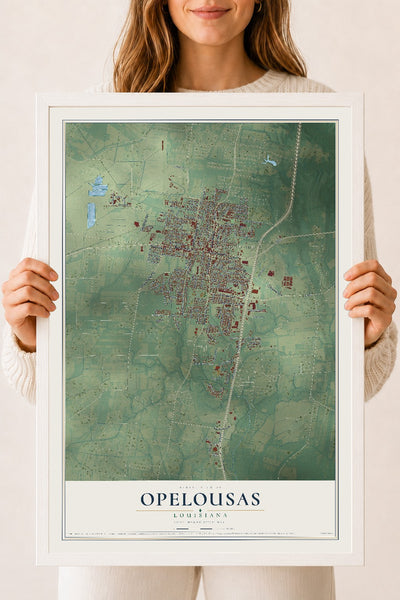Map of Opelousas, Louisiana, 18 x 24 inch print in a white wood frame