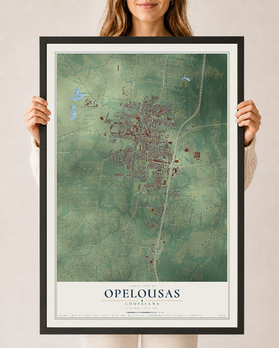 Map of Opelousas, Louisiana, 24 x 36 inch print in a black wood frame