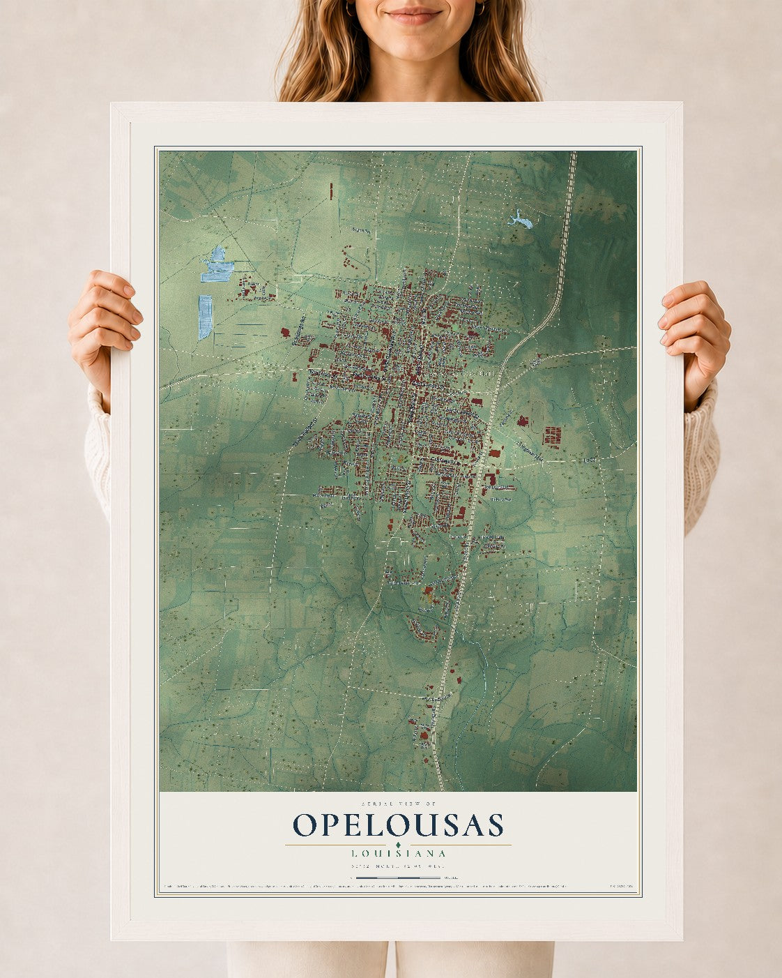 Map of Opelousas, Louisiana, 24 x 36 inch print in a white wood frame