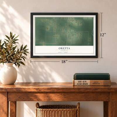 Oretta, Louisiana map, 12 x 18 inch print in a black frame in an entryway