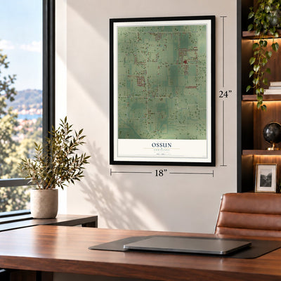 Ossun, Louisiana map, 18 x 24 inch print in a black frame in a home office