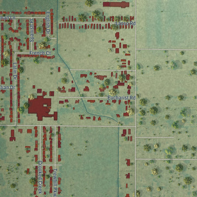 Close-up of the map of Ossun, Louisiana print showing street and building detail