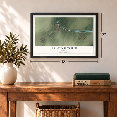 Paincourtville, Louisiana map, 12 x 18 inch print in a black frame in an entryway