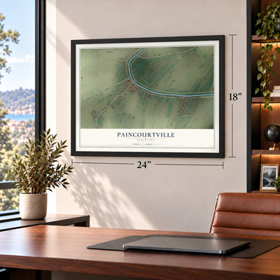 Paincourtville, Louisiana map, 18 x 24 inch print in a black frame in a home office