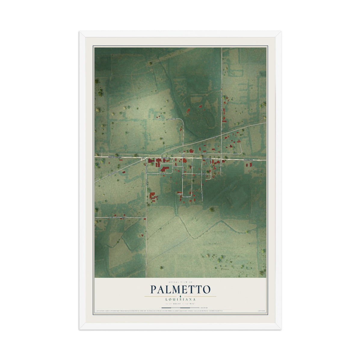 Map of Palmetto, Louisiana, 12 x 18 inch print in a white wood frame