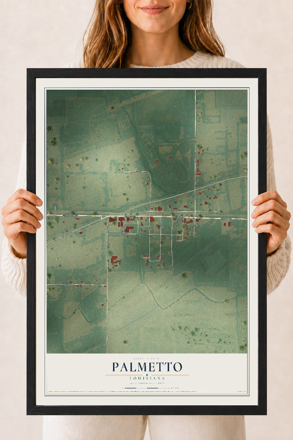Map of Palmetto, Louisiana, 18 x 24 inch print in a black wood frame