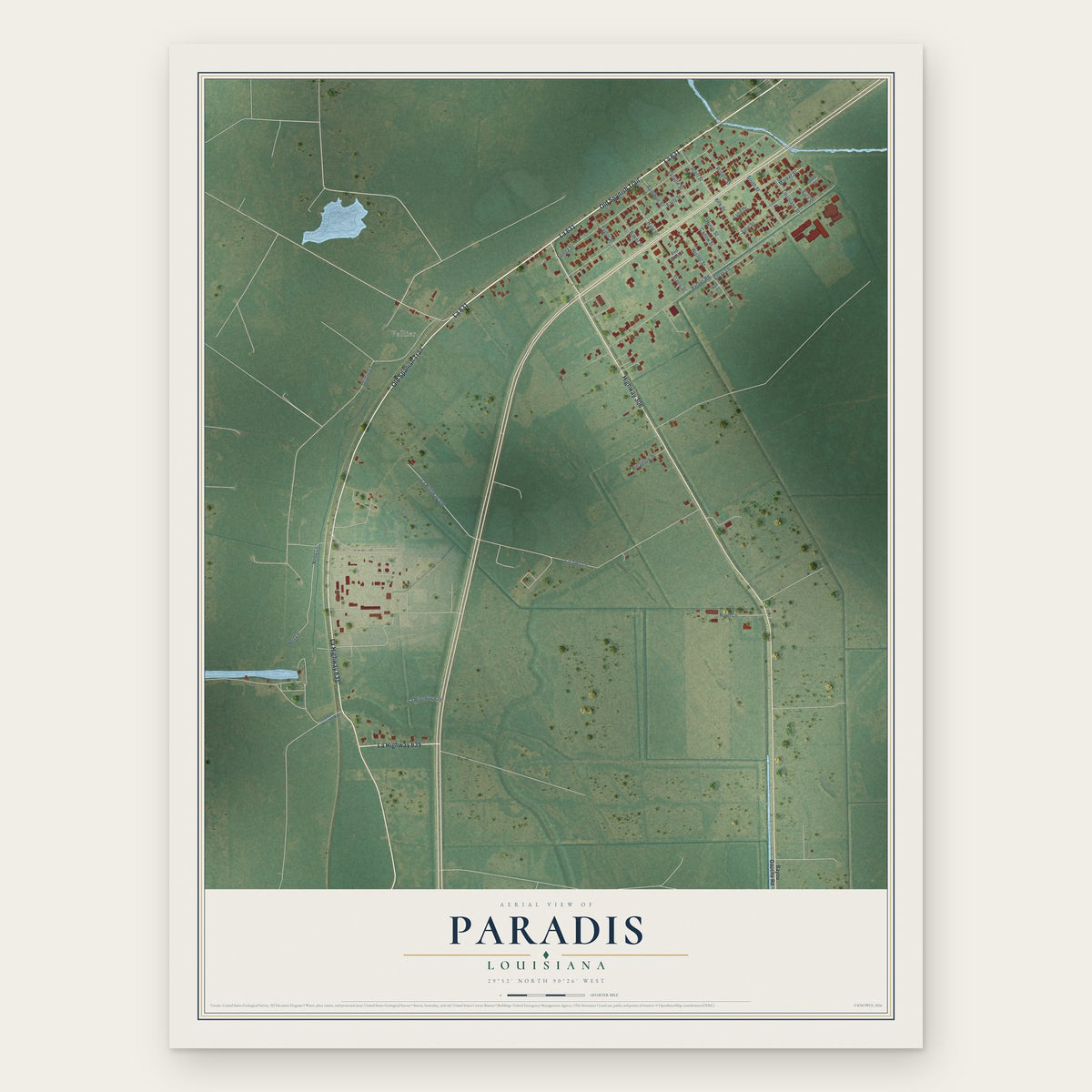 Paradis, Louisiana map print, the full design