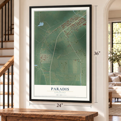 Paradis, Louisiana map, 24 x 36 inch print in a black frame by a staircase