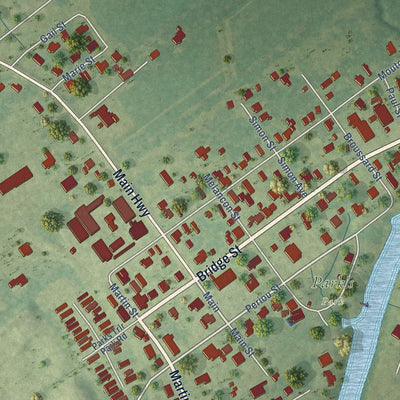 Close-up of the map of Parks, Louisiana print showing street and building detail