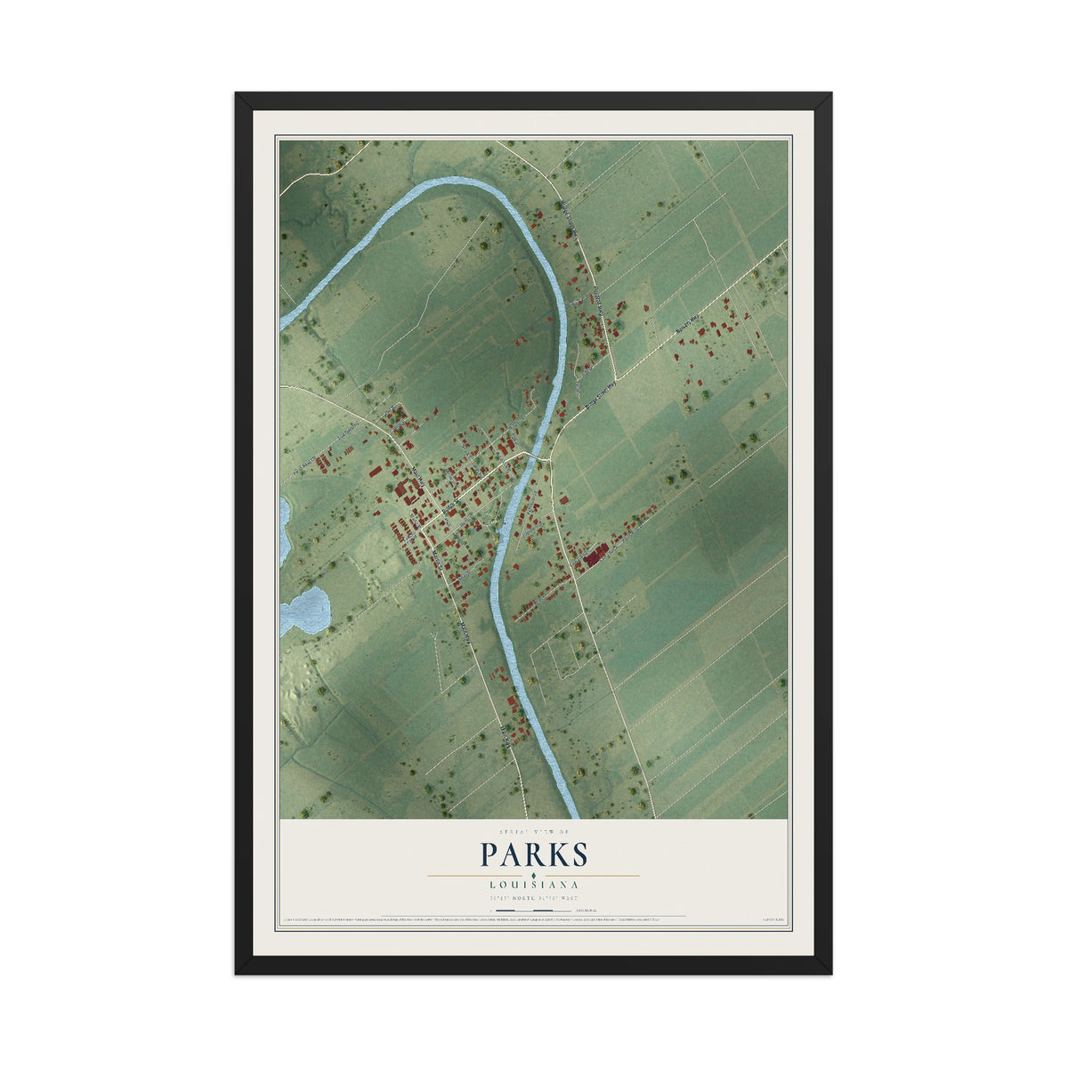 Map of Parks, Louisiana, 12 x 18 inch print in a black wood frame