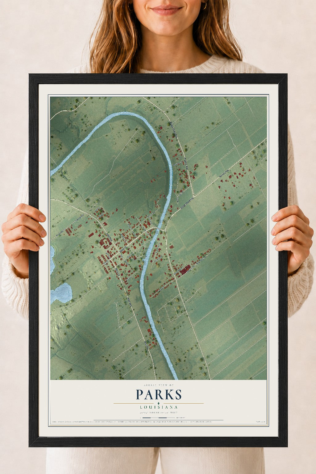 Map of Parks, Louisiana, 18 x 24 inch print in a black wood frame