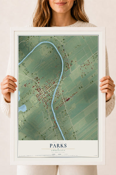 Map of Parks, Louisiana, 18 x 24 inch print in a white wood frame