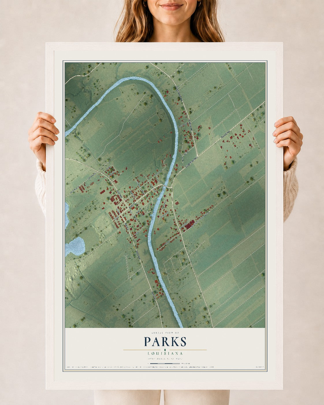 Map of Parks, Louisiana, 24 x 36 inch print in a white wood frame