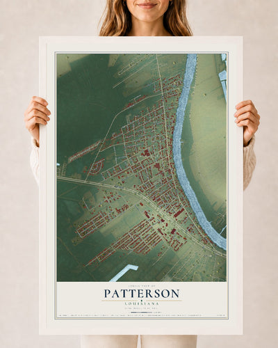 Map of Patterson, Louisiana, 24 x 36 inch print in a white wood frame